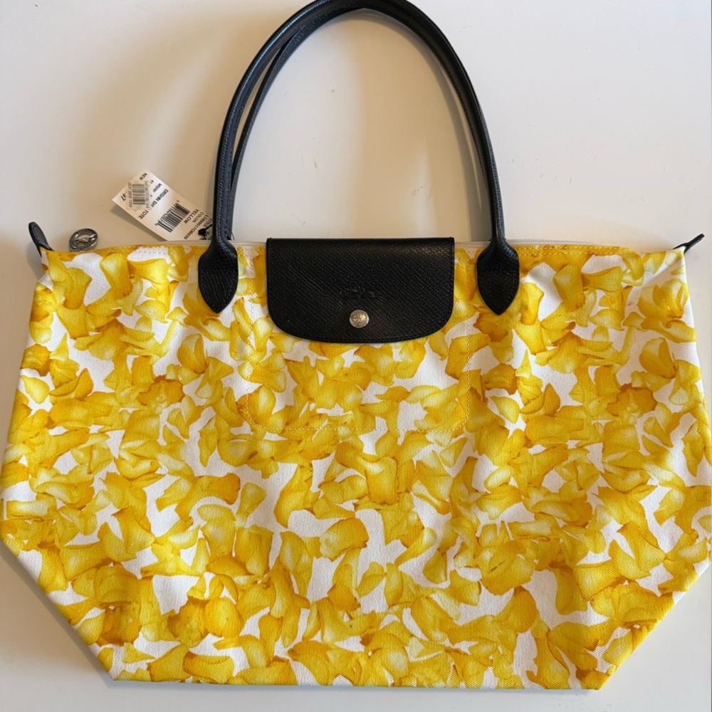 Longchamp New Le Pliage Floral Yellow and Black Tote Bag